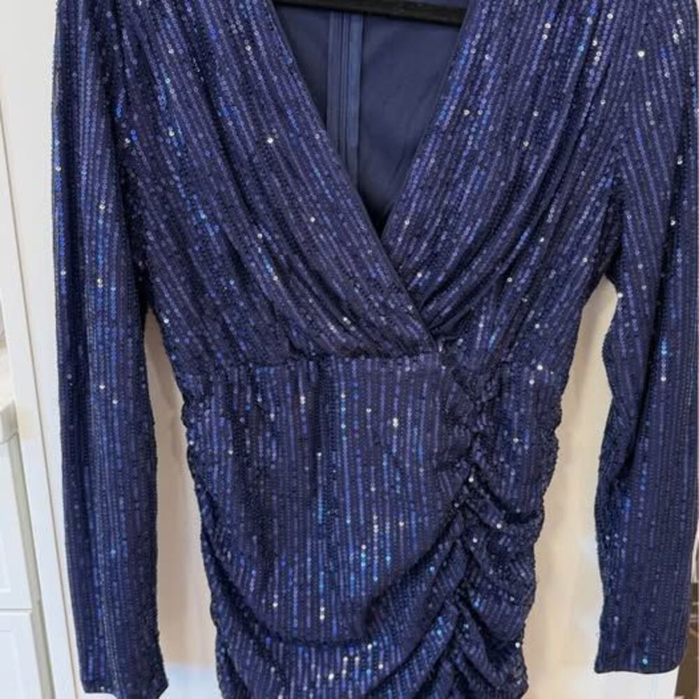 Navy Blue Sequin Ruched Long Sleeve Cocktail Dress – Size Large